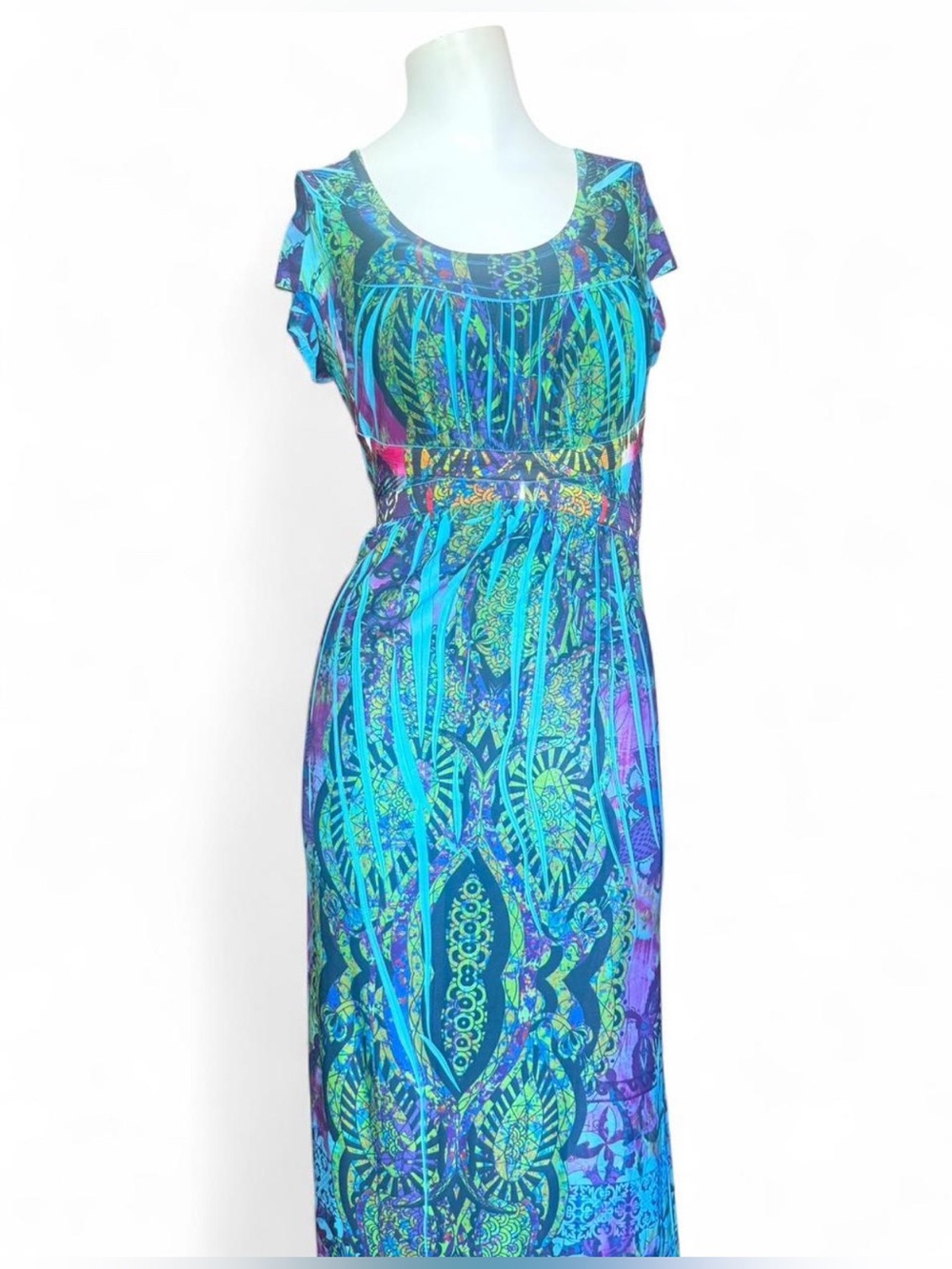 Boho Printed Maxi Dress Blue Green Resort Vacation Flowy XS